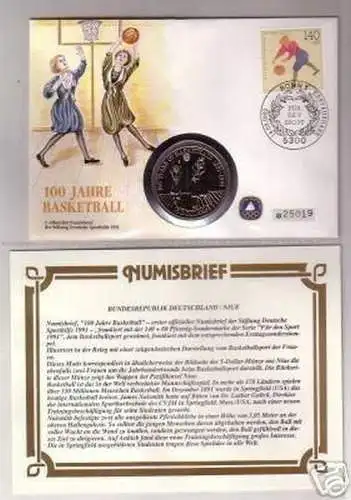 Numisbrief 100 Jahre Basketball mit 5 Dollar Niue 1991