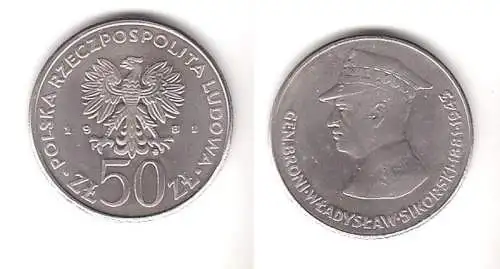 50 Zloty Kupfer Nickel Münze Polen 1981 General Wladyslaw Sikorski