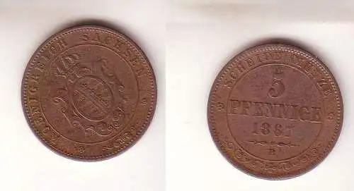 5 Pfennige Kupfer Münze Sachsen 1867 B fast sehr schöne Erhaltung