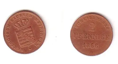 2 Pfennige Kupfer Münze Sachsen Meiningen 1866 f. ss