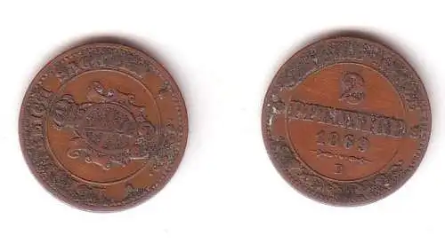 2 Pfennige Kupfer Münze Sachsen 1869 B sehr schön