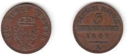 3 Pfennige Kupfer Münze Preussen 1867 A ss