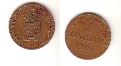 2 Pfennige Kupfer Münze Sachsen Meiningen 1860 f. ss