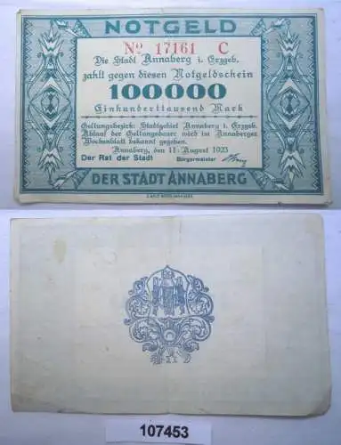 100000 Mark Banknote Inflation Stadt Annaberg 11. August 1923