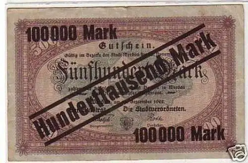 Banknote 100000 Mark Inflation Stadt Werdau 1923