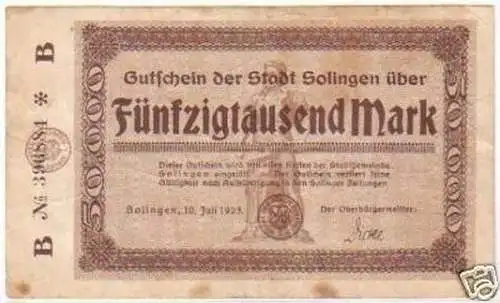 Banknote 50000 Mark Inflation Stadt Solingen 1923