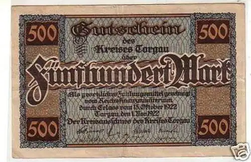 Banknote 500 Mark Inflation Kreis Torgau 1922