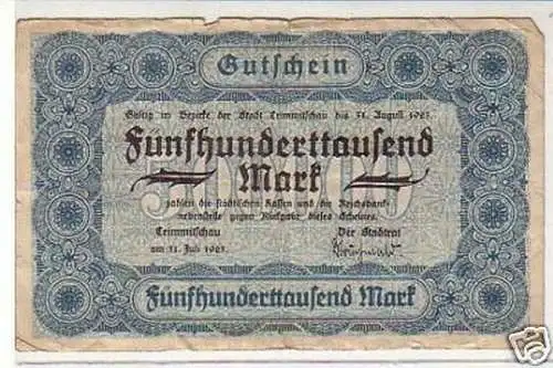 Banknote 500000 Mark Inflation Stadt Crimmitschau 1923