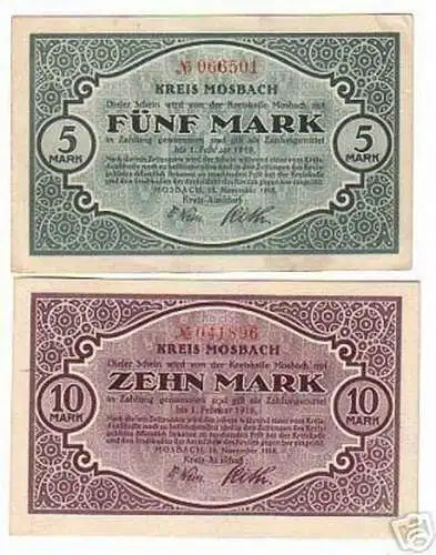 2 Banknoten Notgeld der Stadt Mosbach 1918