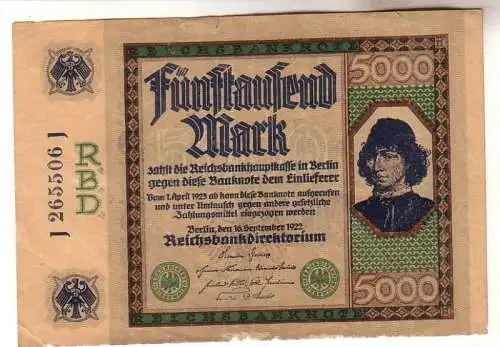 5000 Mark Inflations Banknote 16.9.1922 Rosenberg Nr.76