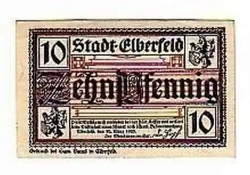 10 Pfennig Banknote Notgeld Stadt Elberfeld 1920