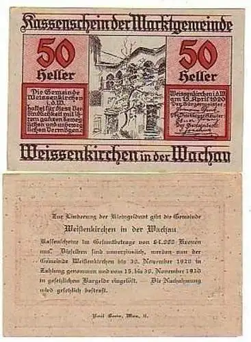 2 Banknoten Notgeld Gemeinde Weißenkirchen 1920