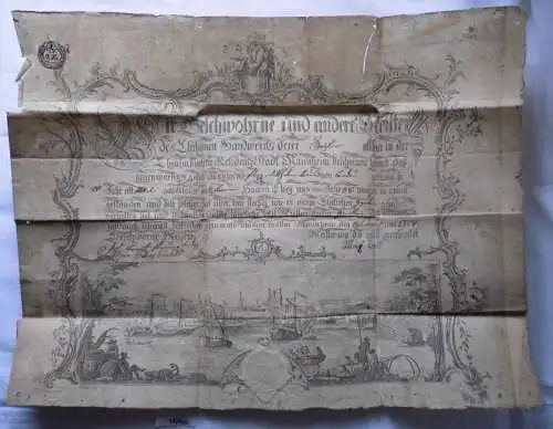 Wunderbarer alter Handwerker Brief Stadt Mannheim 1778 mit Stich (102470)