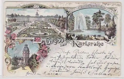 32400 Ak Lithographie Gruß aus Karlsruhe Schloss, Schlossturm usw. 1897