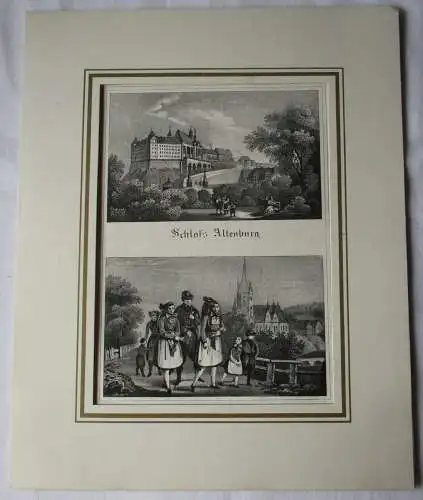 Stahlstich Lithografie Schloss Altenburg Altenburger Volkstrachten (165256)