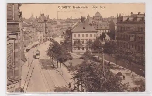 904322 Feldpost Ak Chemnitz - Theaterstraße und roter Turm 1915