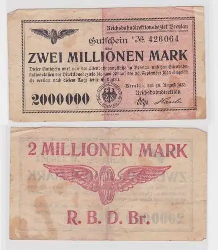 2 Millionen Mark Banknote Breslau Reichsbahndirektion 15.8.1923 (131767)