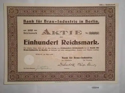 100 Mark Aktie Bank für Brau Industrie in Berlin März 1933 (132214)