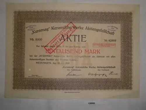 1000 Mark Aktie "Keramag" Keramische Werke AG Meiningen 25. Juli 1919 (128999)