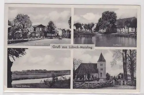 28372 Ak Gruss aus Lübeck-Moisling - Kaffeehaus, Kirche, Dorfteich, Siedlung