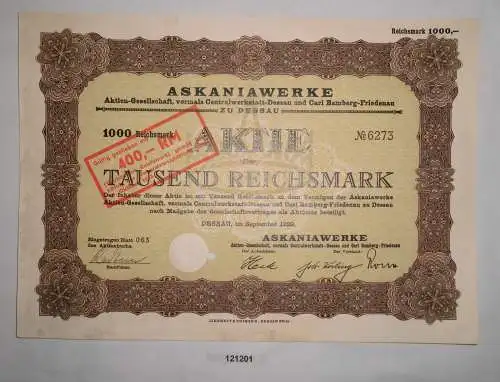 1000 Reichsmark Aktie Askaniawerke AG Dessau September 1929 (121201)