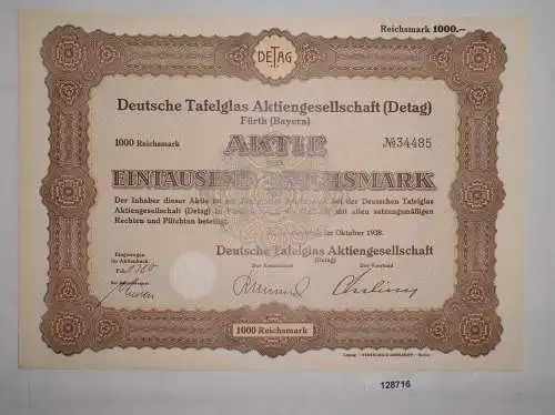 1000 Reichsmark Aktie Deutsche Tafelglas AG (Detag) Fürth Oktober 1938 (128716)