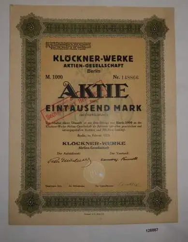 1000 Mark Aktie Klöckner-Werke AG Berlin Februar 1923 (126887)