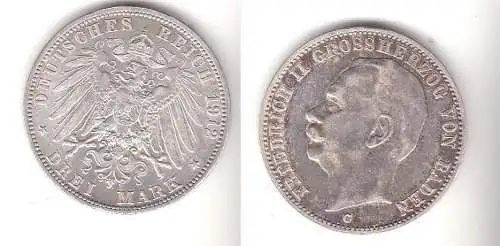 3 Mark Silbermünze Baden Großherzog Friedrich II 1912 Jäger 39  (111508)