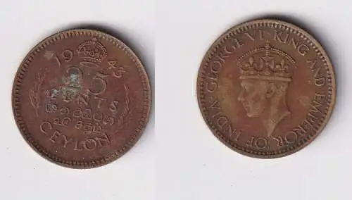 25 Cent Kupfer Münze Ceylon Sri Lanka 1943 Georg VI. (152252)