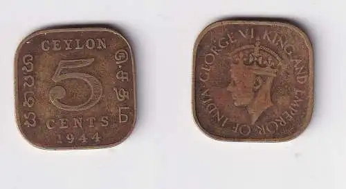 5 Cents Kupfer Münze Ceylon Sri Lanka 1944 Georg VI (150455)