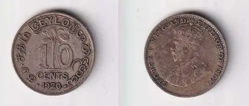 10 Cents Silber Münze Ceylon 1920 Georg V. (153651)