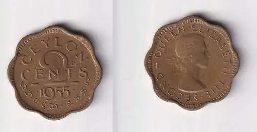 2 Cent Kupfer Münze Ceylon Sri Lanka 1955 Elizabeth (146587)