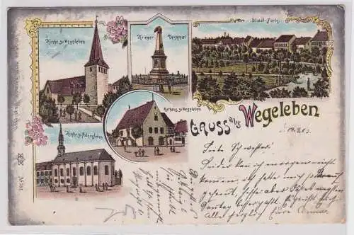 87546 Lithografie AK Gruss aus Wegeleben, Kirche, Denkmal, Rathaus & Kirche 1903