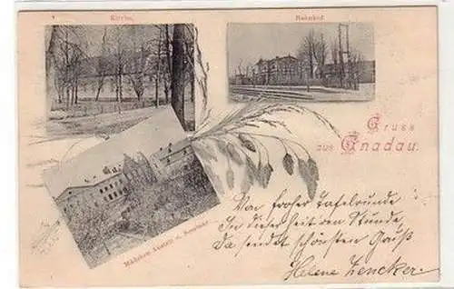 60987 Ak Gruß aus Gnadau Kirche, Bahnhof, Mädchen Anstalt und Seminar 1898