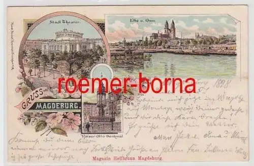 75059 Ak Lithografie Gruss aus Magdeburg Stadttheater, Elbe und Dom usw. 1898