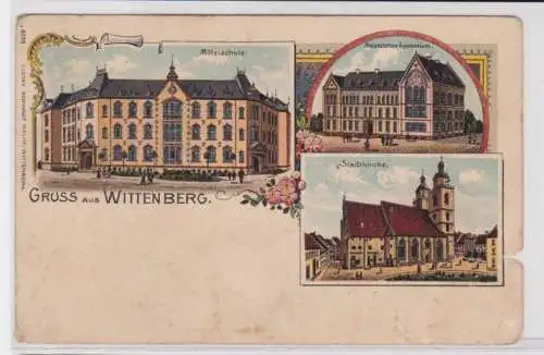 94013 Lithografie AK Gruss aus Wittenberg - Mittelschule, Stadtkirche, Gymnasium