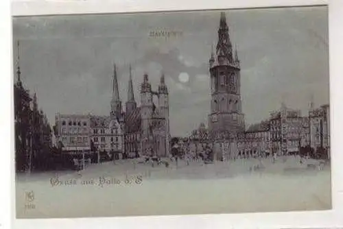 47130 Mondscheinkarte Gruß aus Halle Marktplatz um 1900