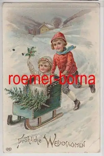 81197 geprägte Künstler Ak 'Fröhliche Weihnachten' Kinder mit Schlitten um 1910