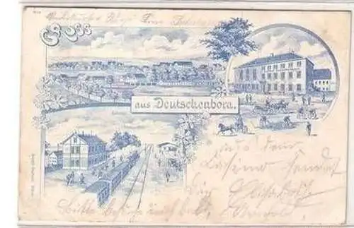 08763 Ak Lithographie Gruß aus Deutschnbora Gasthof, Bahnhof 1900