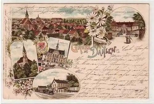 54284 Ak Lithographie Gruß aus Dahlen in Sa. Bahnhof usw. 1902