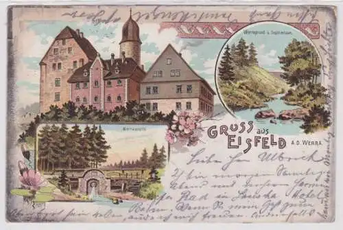 33081 Ak Lithographie Gruss aus Eisfeld a.d. Werra Schloss, Werraquelle usw 1901