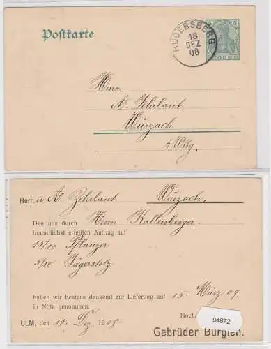 94872 DR Ganzsache Postkarte P78 Zudruck Gebrüder Bürglen Ulm 1908