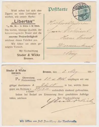 97834 DR Ganzsachen Postkarte P90 Zudruck Studer & Wicke Zigarren Bremen 1911