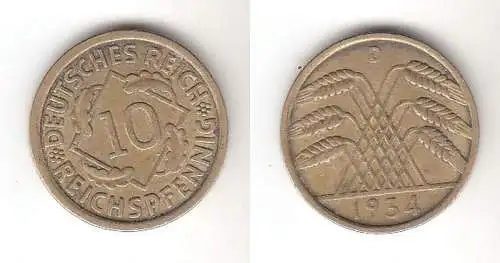 10 Pfennig Messing Münze Weimarer Republik 1934 D Jäger 317 (112756)