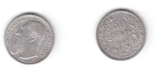 50 Cent. Silber Münze Belgien König Leopold II 1907 (112682)