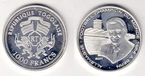 1000 Francs Silber Münze Togo 2001 Fussball Weltmeister Bern 1954