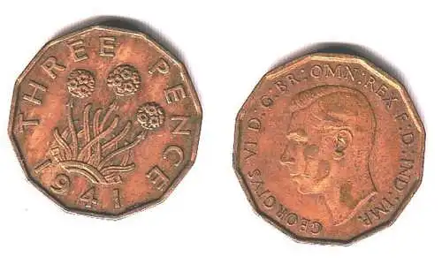 3 Pence Messing Münze Großbritannien 1941