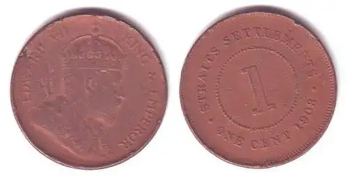 1 Cent Kupfer Münze Straits Settlements 1908