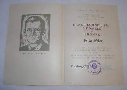 DDR Urkunde Ernst Schneller Medaille Bronze 1970