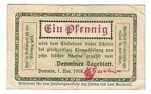 1 Pfennig Banknote Notgeld Demminer Tageblatt 1918